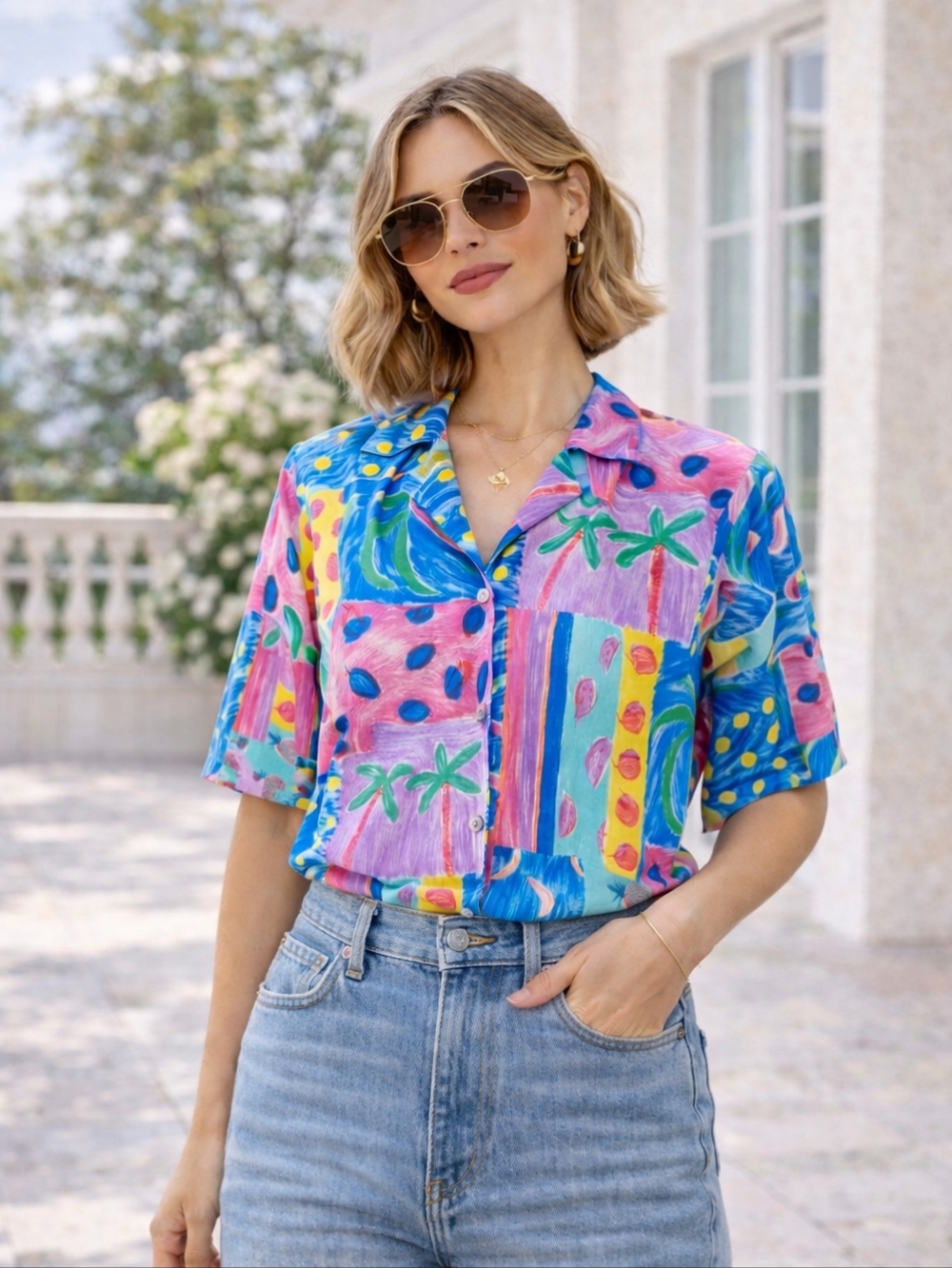 Vintage Alia Tropical Patchwork Button Up Shirt Size 12 Bright Artsy Print Retro